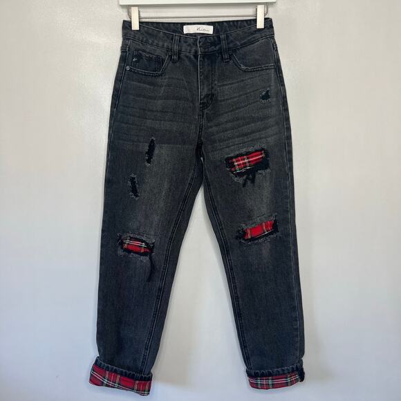 KanCan Women's 1/24 Black Denim High Rise Patchwork Distressed Boyfriend Jeans - Picture 7 of 12